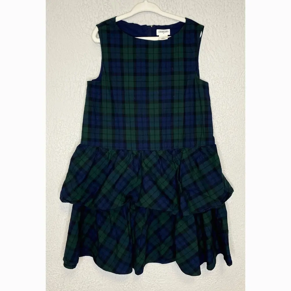 Crewcuts J Crew Girls Poplin Black Watch Green Navy Blue Plaid Ruffle Dress 7